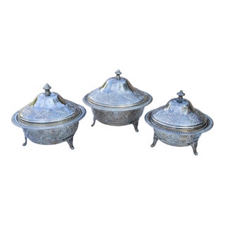 Mid 20th Century Handcrafted Moroccan Engraved Lidded Bowls- Set of 3 For Sale
