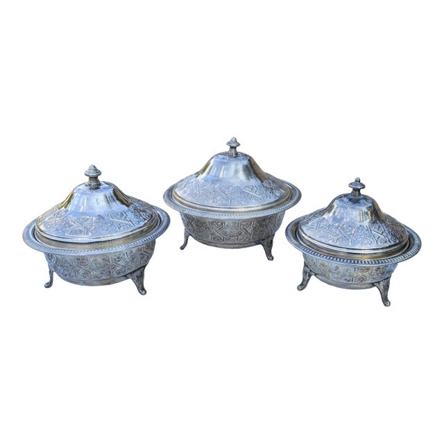 Mid 20th Century Handcrafted Moroccan Engraved Lidded Bowls- Set of 3 For Sale
