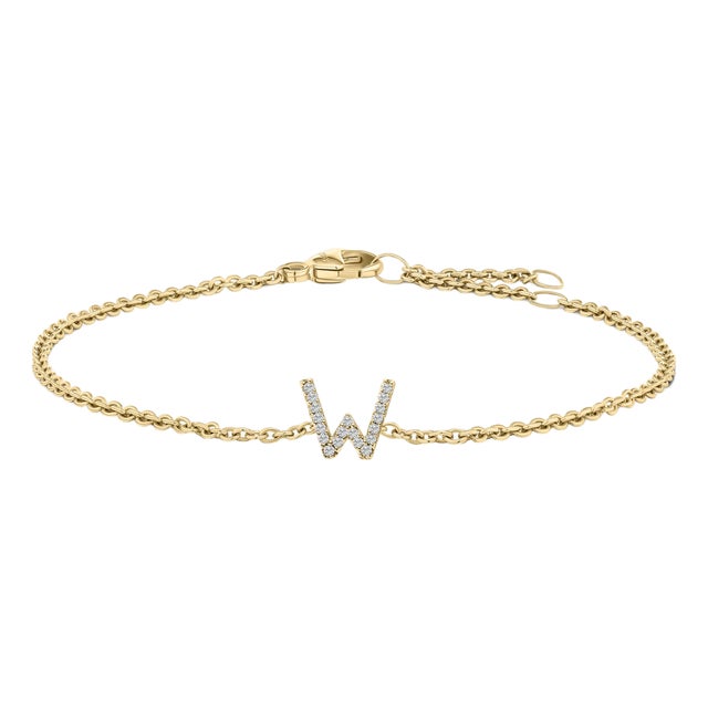 10K Yellow Gold Diamond Accent "W" Initial Charm and Link Bracelet For Sale