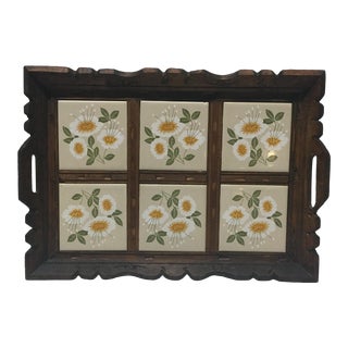1960s Mid-Century Mexican Hand-Carved Wood Tray With Daisy Tiles. For Sale