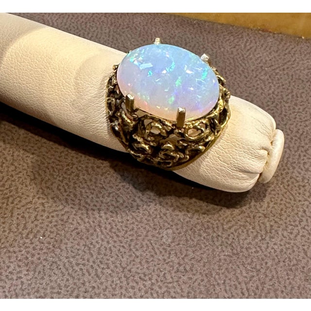 White Vintage 11 Carat Oval Shape Ethiopian Opal Cocktail Ring 14kt Yellow Gold Ring For Sale - Image 8 of 18