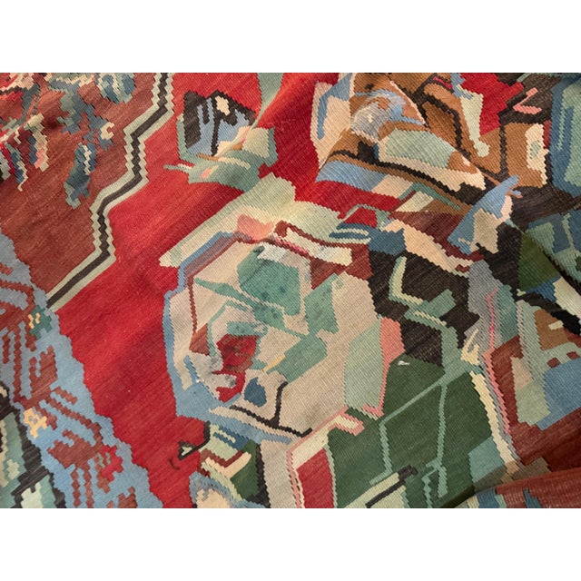 Vintage Mid-Century Bessarabian Kilim Red Floral Flat Weave Rug Room Size For Sale - Image 4 of 12