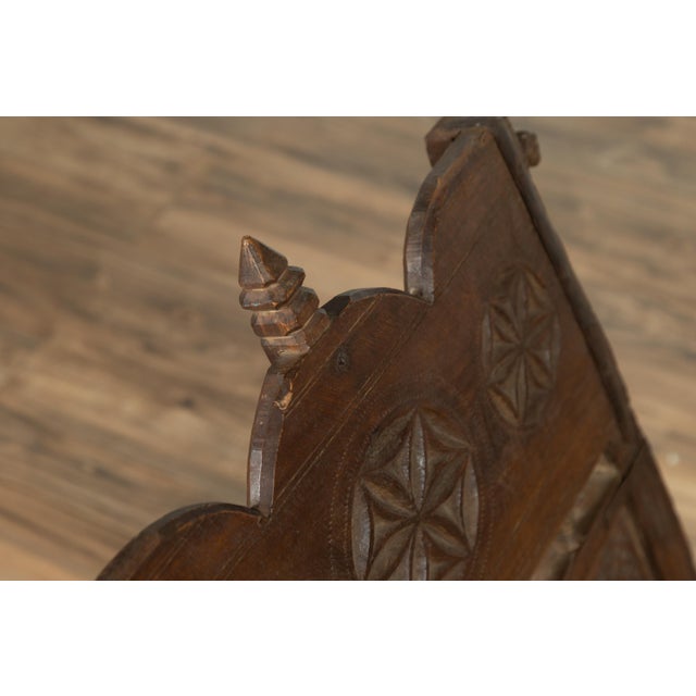 Wood Antique Indian Rustic Low Seat Wooden Chair With Carved Rosettes and Twine Seat For Sale - Image 7 of 14