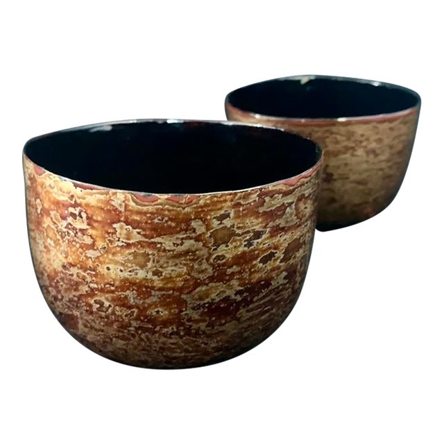 Vintage Burmese Lacquerware Nesting Cups Bowls Pair Weathered Red Patina 4" For Sale