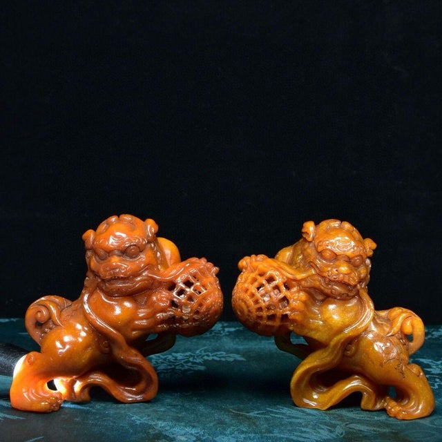 Late 20th Century Pair of Shoushan Stone Guardian Lions – 3" Foo Dogs With Brocade Balls For Sale - Image 5 of 9