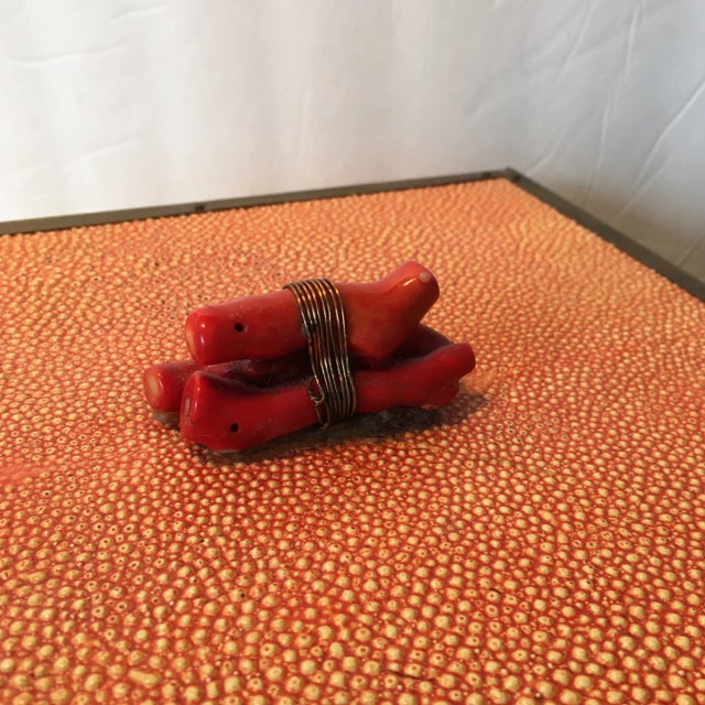 1970s Coral - Colored Shagreen Lidded Box With Metal Wrapped Coral Lid Pull For Sale - Image 5 of 13
