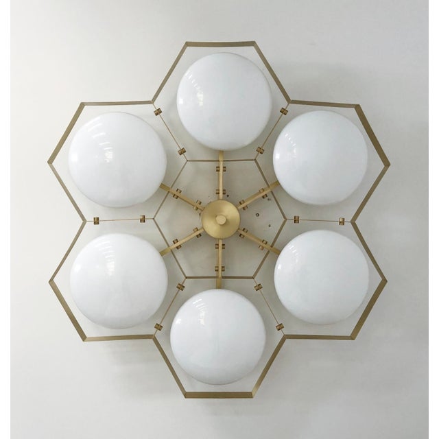 Italian 21st Century Hive Satin Brass Glossy White Murano Flush Mount by Fabio LTD For Sale - Image 3 of 8