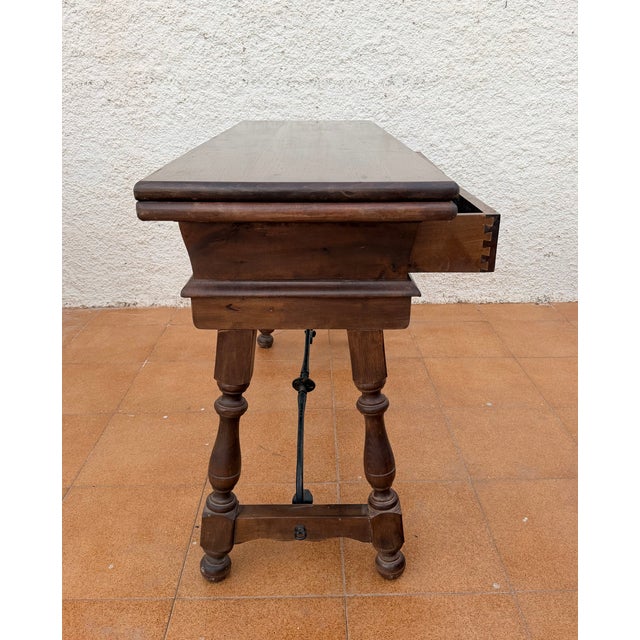 1940s 1940s Spanish Carved Wood Drop-Leaf Table With Iron Stretcher For Sale - Image 5 of 12
