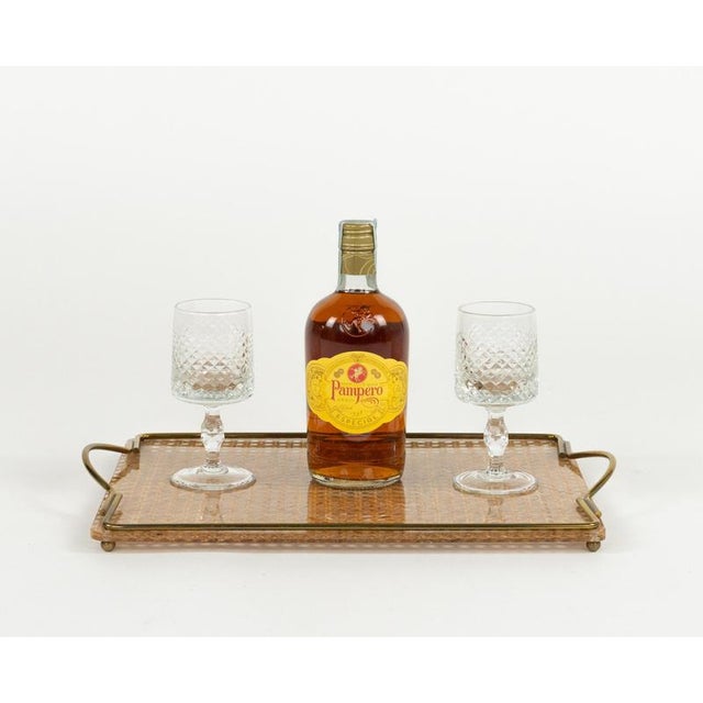 Mid-Century Acrylic Glass, Rattan and Brass Serving Tray in the style of Christian Dior, Italy, 1970s For Sale - Image 6 of 13