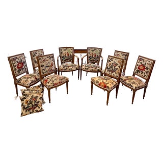 1950s Set of Eight Louis XVI Style Dining Chairs Upholstered in Chinoiserie Toile Fabric For Sale