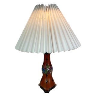 Ceramic Table Lamp with Orange Glaze and Paper Shade, 1960s For Sale