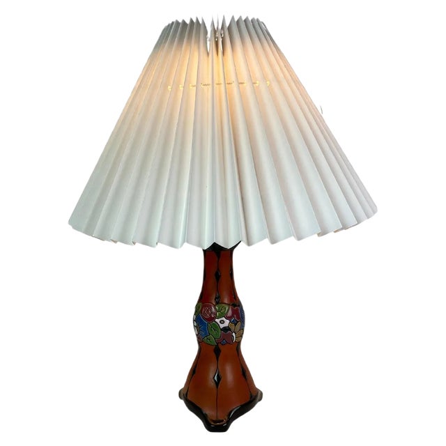 Ceramic Table Lamp with Orange Glaze and Paper Shade, 1960s For Sale