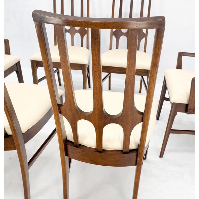 Wood Set of 6 Mid-Century Modern New Linen Upholstery Walnut Dining Chairs Mint! For Sale - Image 7 of 14