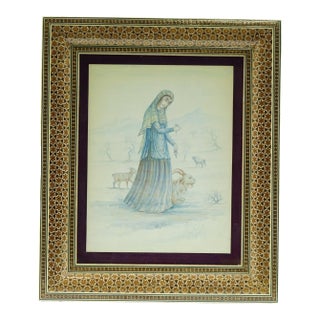 Late 20th Century Woman With Goats Persian Khatam Frame With Inlaid Painting Signed Original For Sale