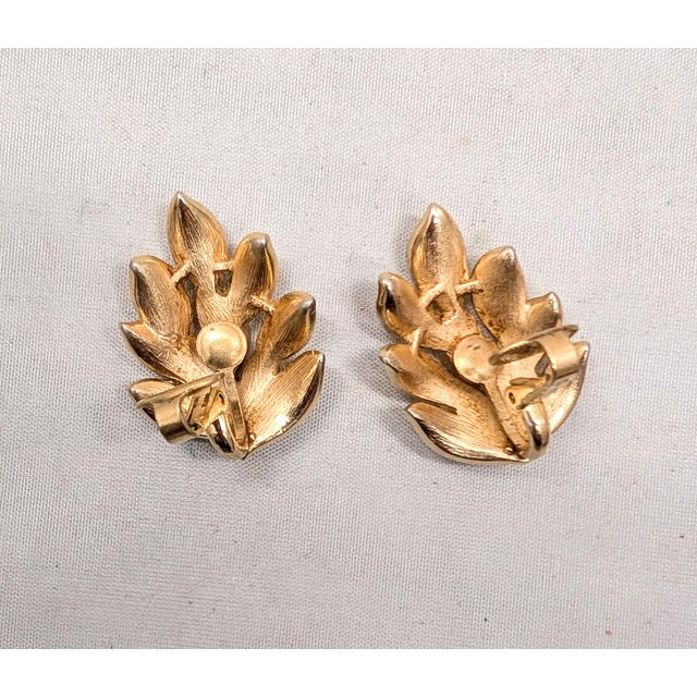 Gold Vintage 1966 Signed Crown Trifari Goldtone Leaves Clip Earrings -2 Pieces For Sale - Image 8 of 8