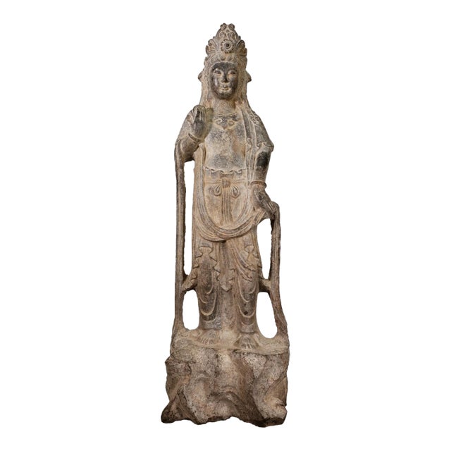 Vintage Chinese Bodhisattva Guanyin Hand-Carved Stone 20th Century Asian Buddha For Sale