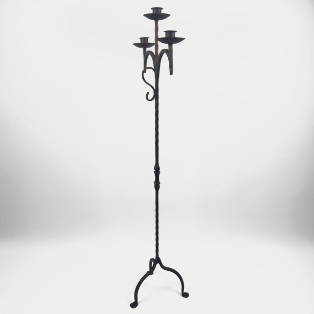 Hand Forged Iron Floor Candelabra 52″ (132cm) Antique Copper Patina 3-Arm Grand Vertical Statement Decor For Sale - Image 9 of 9