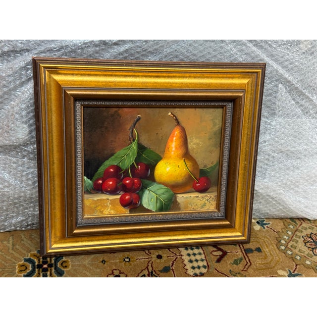Realism Carle Shi Cherries and a Pear Oil Painting, Signed For Sale - Image 3 of 12