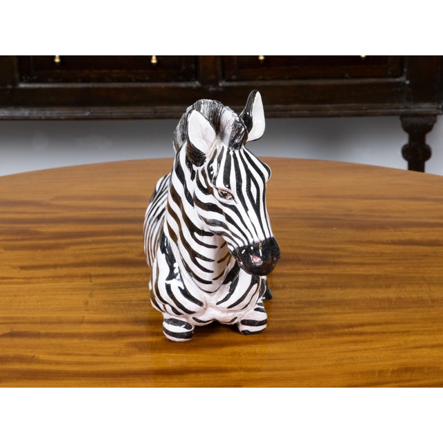 Italian Mid 20th Century Italian Painted Terracotta Statue of a Brown Eyed Zebra Resting on the Ground For Sale - Image 3 of 9