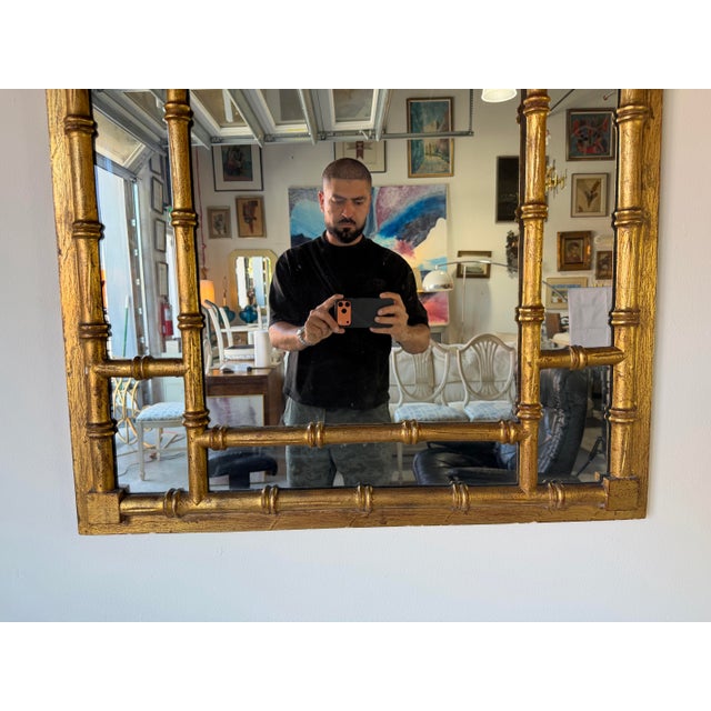 1970’s La Barge Hollywood Regency Faux Bamboo Gilt Greek Key Wall Mirror For Sale - Image 10 of 12