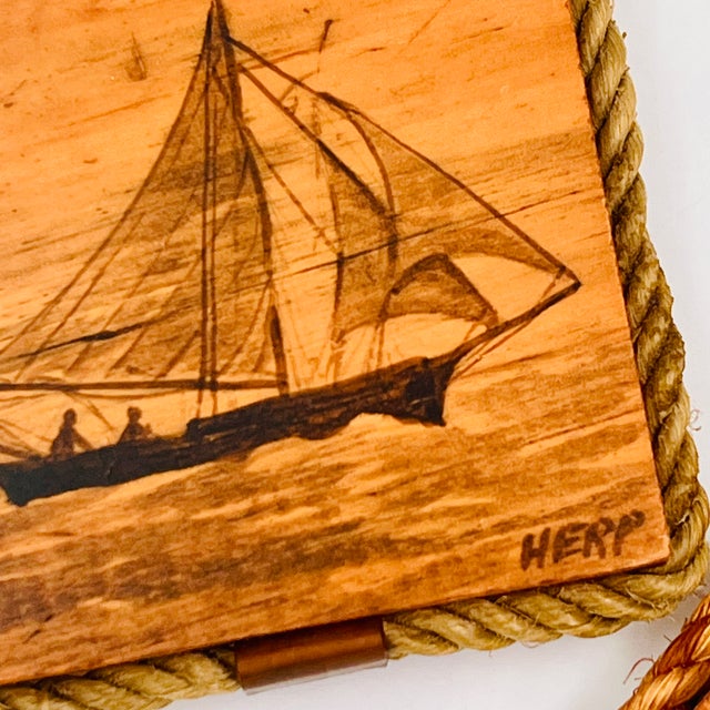 Vintage Folk Art Pen & Ink Petite Sailboat Art, Signed - Nautical Wood Plaques - Set of 2 For Sale - Image 10 of 18