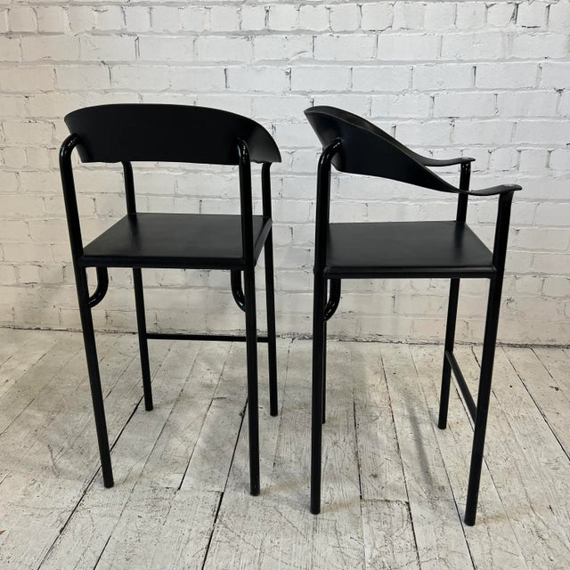 1980s Cy Mann Post-Modern Leather Barstools For Sale - Image 5 of 13