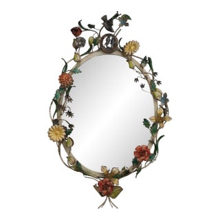 Italian Toleware Floral & Bird Frame Decorator Mirror For Sale