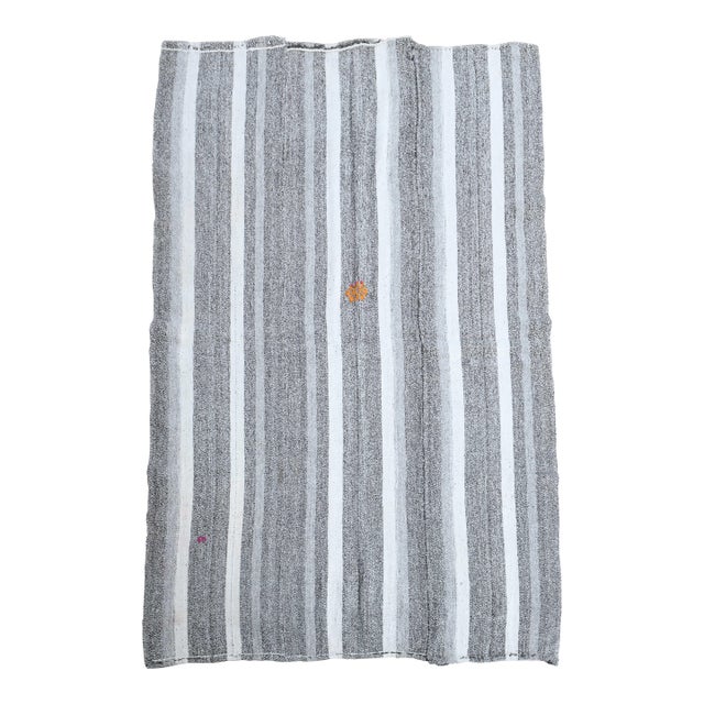 1970s Vintage Handmade Wool Cotton Grey Kilim Runner Rug For Sale