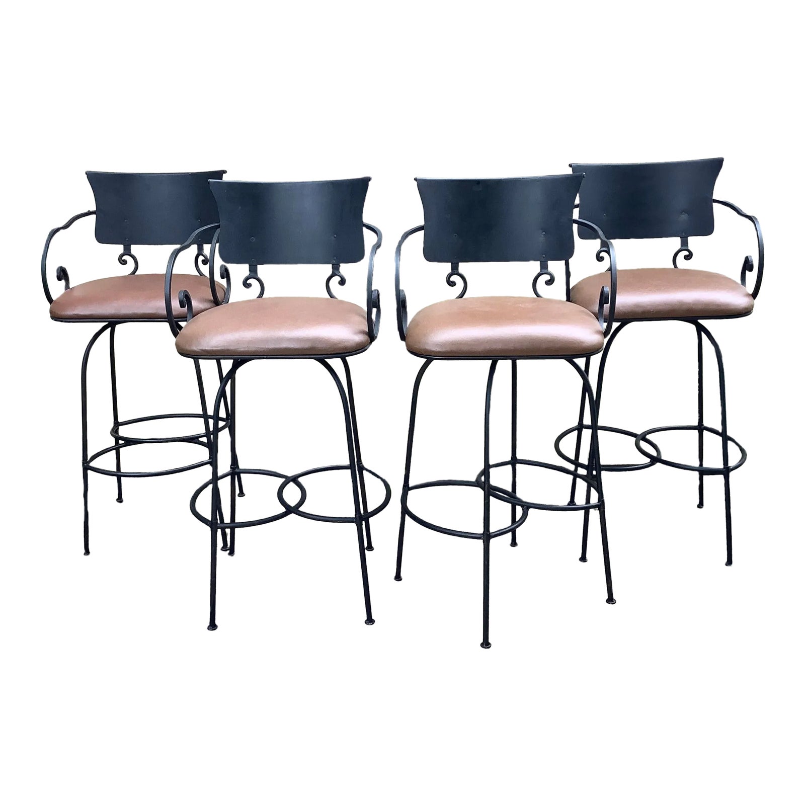 Arhaus Wrought Iron and Brown Bar Stools - Set of 4 | Chairish