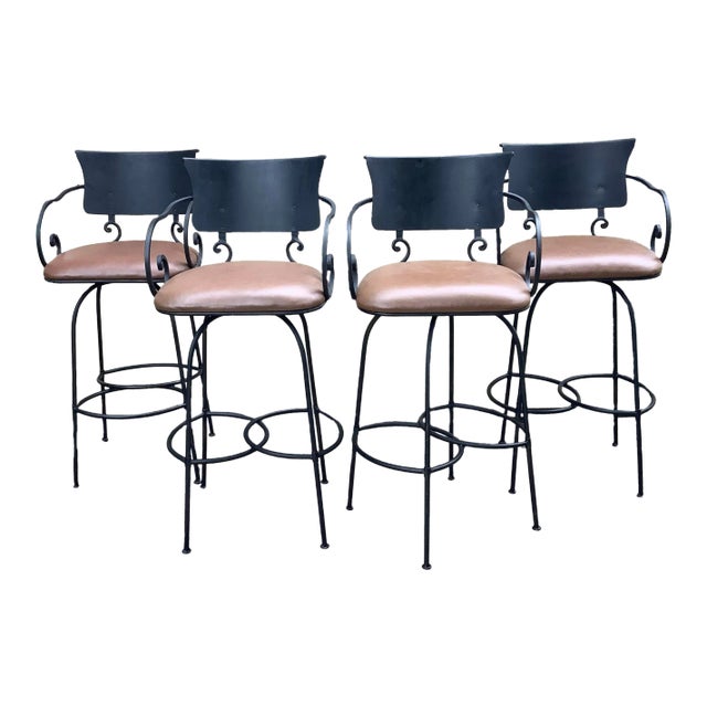 Arhaus Wrought Iron and Brown Bar Stools - Set of 4 For Sale