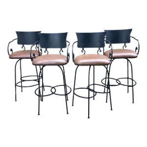 Arhaus Wrought Iron and Brown Bar Stools - Set of 4