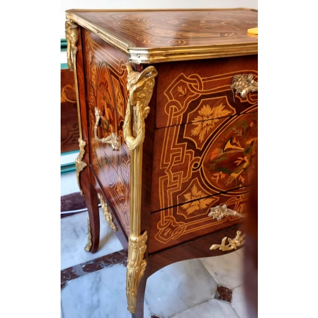French French Louis XV Style Two-Drawer Commode – Rich Wood Marquetry With Gilded Bronze Details For Sale - Image 3 of 3