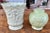 Pair of Vintage Ceramic Green Vases. Larger vase or planter has a scalloped border top and is decorated in Figural and...