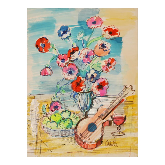 Boquet with Guitar, Charles Cobelle Acrylic on Canvas Painting For Sale