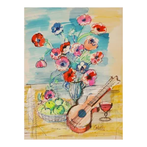 Boquet with Guitar, Charles Cobelle Acrylic on Canvas Painting