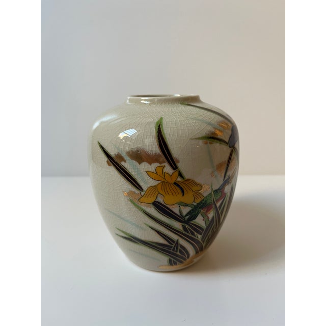 Japanese Japanese Ceramic Vase With Iris and Bird For Sale - Image 3 of 11