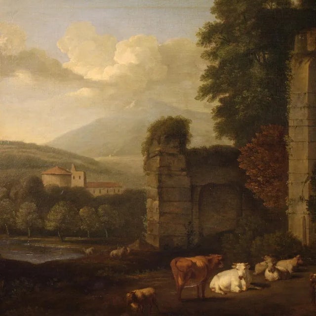 Italian Artist, Bucolic Landscape with Ruins, 1680, Oil on Canvas, Framed For Sale - Image 14 of 15