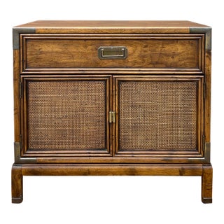 1960s Henredon Fine Furniture Campaign Walnut & Rattan Commode Style Nightstand For Sale