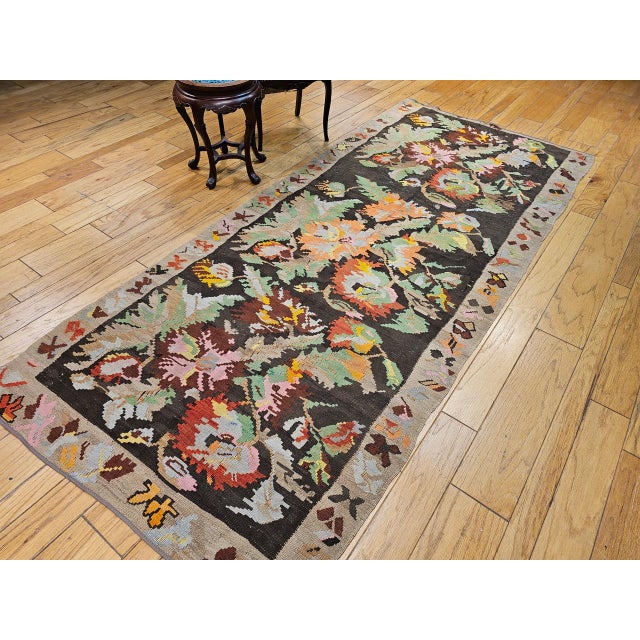 Textile Vintage Caucasian Karabagh Kilim Runner, Handwoven Wool, Allover Floral Pattern, Brown & Tan, 5x11 For Sale - Image 7 of 16