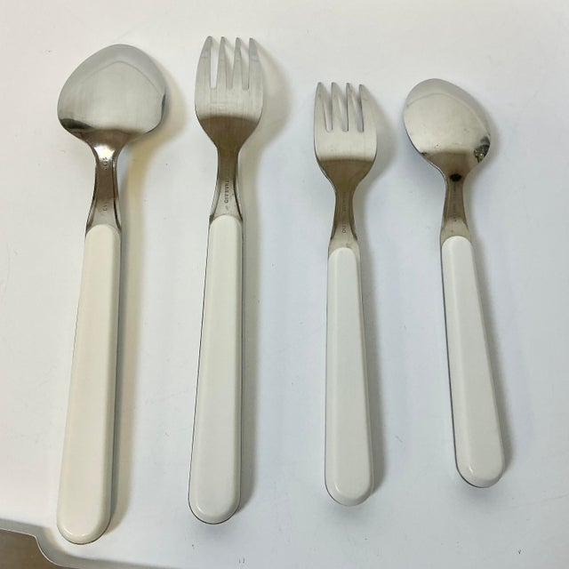 1970s Vintage Boho Chic Contemporary Stainless Steel White Handle Flatware - Set of 40, Service for 8 For Sale - Image 11 of 12