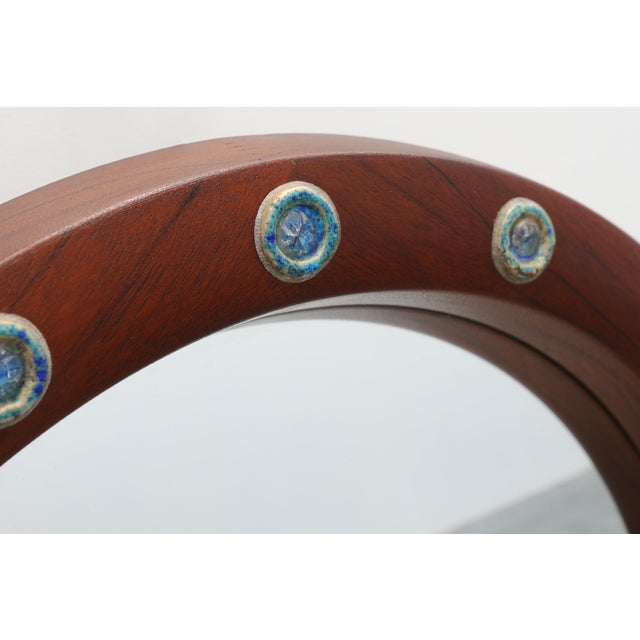 Blue Wooden Round Mirror with Turquoise Ceramic Studs by Deknudt, Belgium, 1960s For Sale - Image 8 of 12