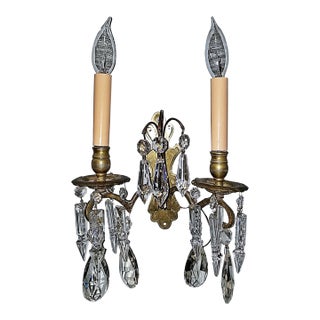 Antique Crystal French Bronze Sconce For Sale