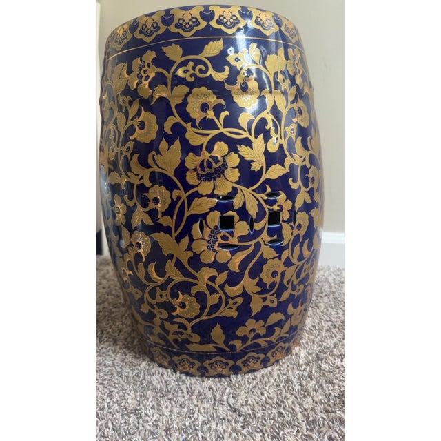 Late 20th Century Elegant Blue & Gold Chinese Style Porcelain Garden Stool-18” For Sale - Image 5 of 6