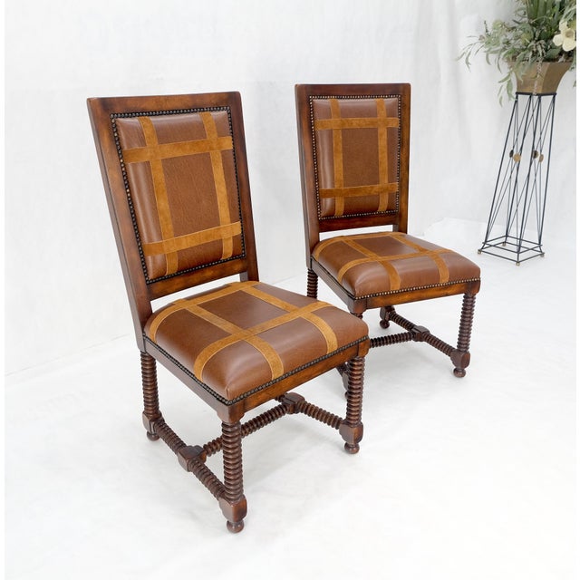 Hollywood Regency Pair of Turned Legs & Stretchers Large Leather Upholstery Side Chairs MINT! For Sale - Image 3 of 14