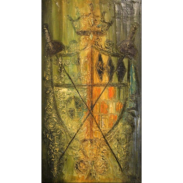 Mid-Century Modern Van Hoople Family Crest Mid Century Modern Textured Painting on Board Framed For Sale - Image 3 of 9