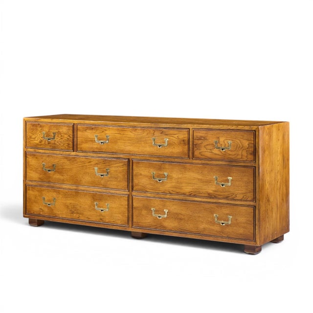 Campaign Henredon Campaign Mid Century Oak and Brass Lowboy Dresser For Sale - Image 3 of 10