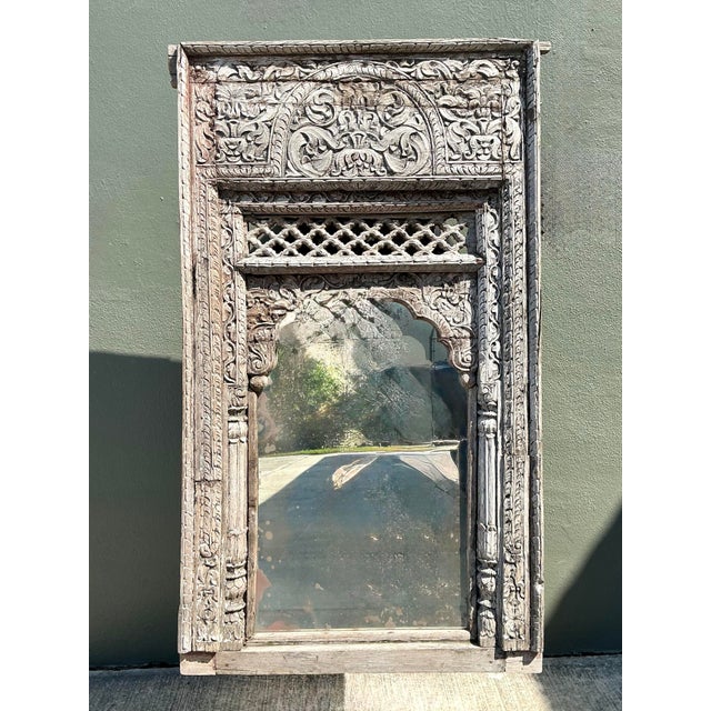 Vintage Carved Wood Distressed Arch Mirror For Sale - Image 9 of 12