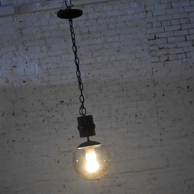 Mid Century Modern Brutalist Pendant Light Wood & Smoked Glass Globe Black Chain N O S For Sale - Image 4 of 13