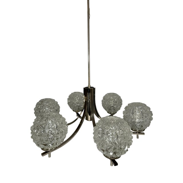 Chrome Chandelier with Pressed Glass Shades from Fischer Leuchten, Germany, 1970s For Sale