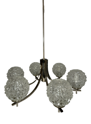 Chrome Chandelier with Pressed Glass Shades from Fischer Leuchten, Germany, 1970s